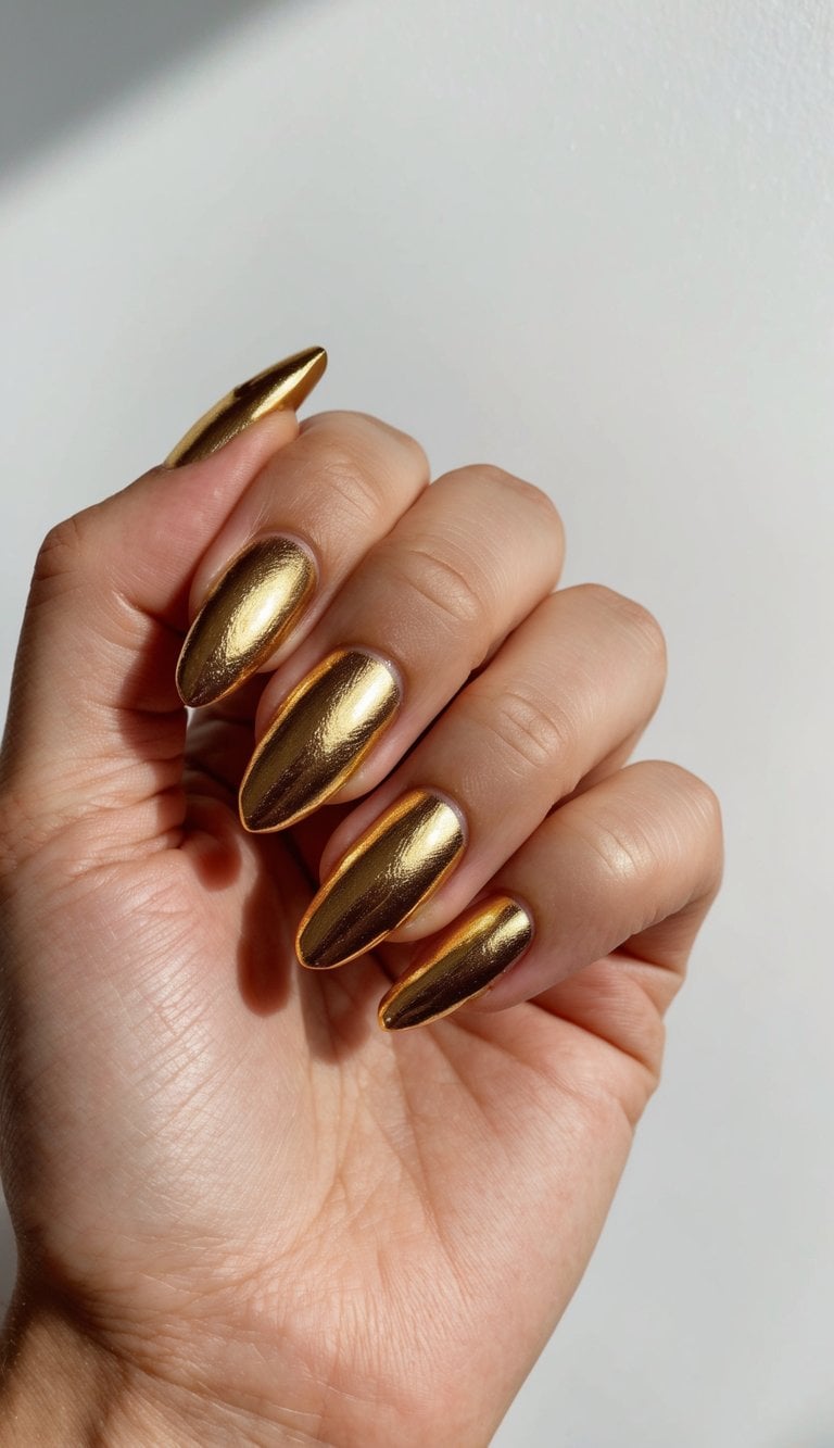 A close-up of gold foil accent nails against a dark background, reflecting light to create a luxurious and elegant look