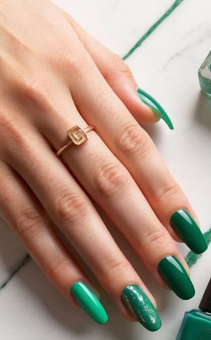 Elegant emerald and jade green nails with a glossy finish and a subtle gold-flecked accent nail for a refined look.
