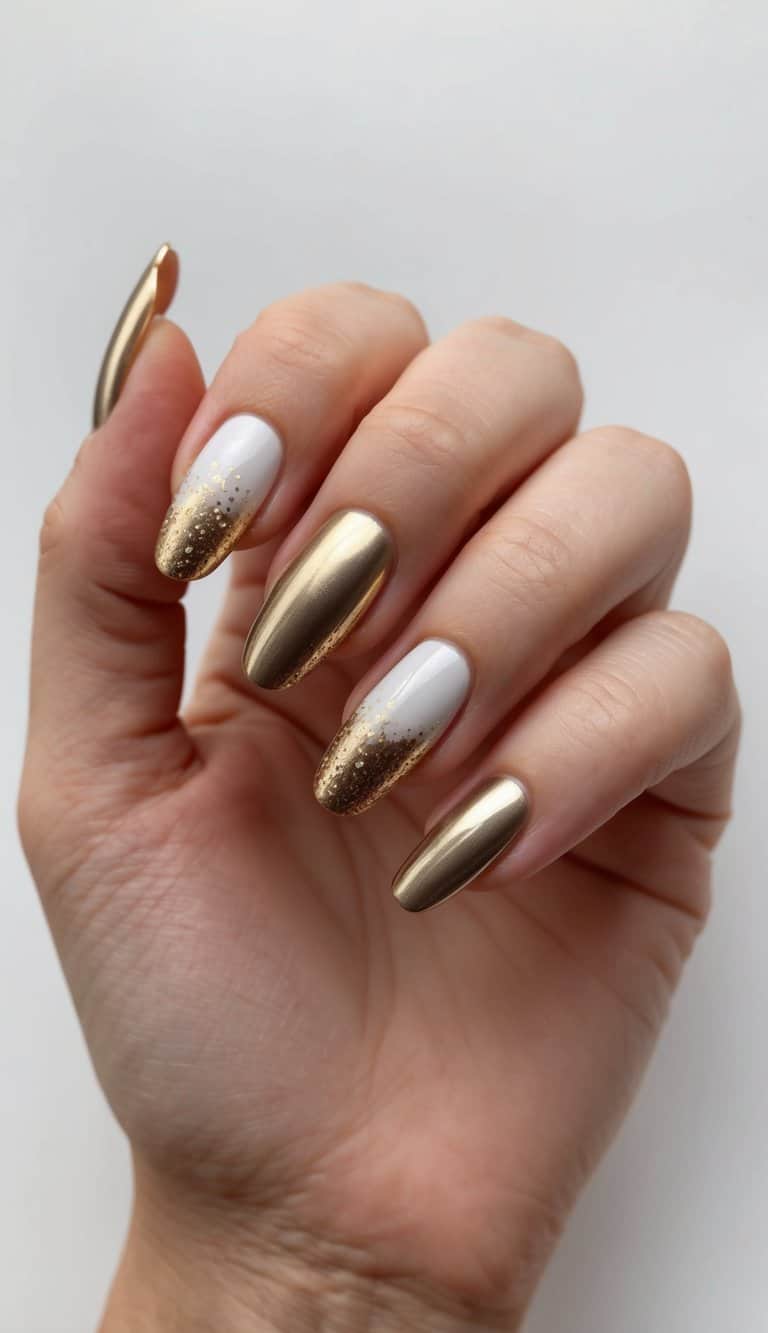 A close-up of gold gradient nail art with metallic accents