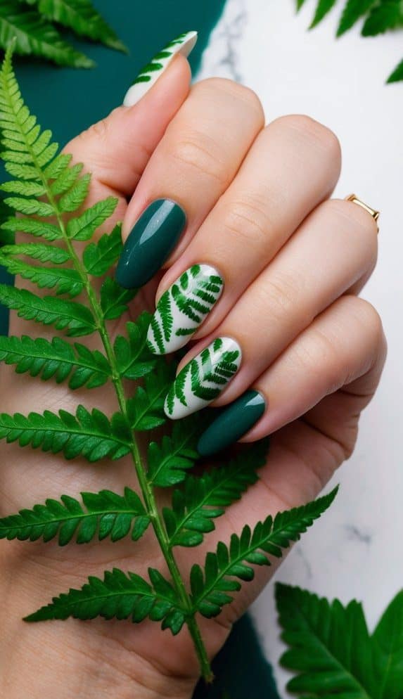 Deep teal-green nails with white accent nails featuring intricate green fern leaf designs for a nature-inspired manicure.