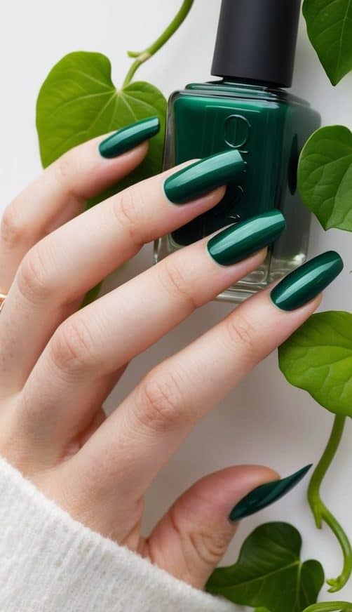 Rich forest-green nails with a sleek, glossy finish, creating a bold yet minimalist manicure style.