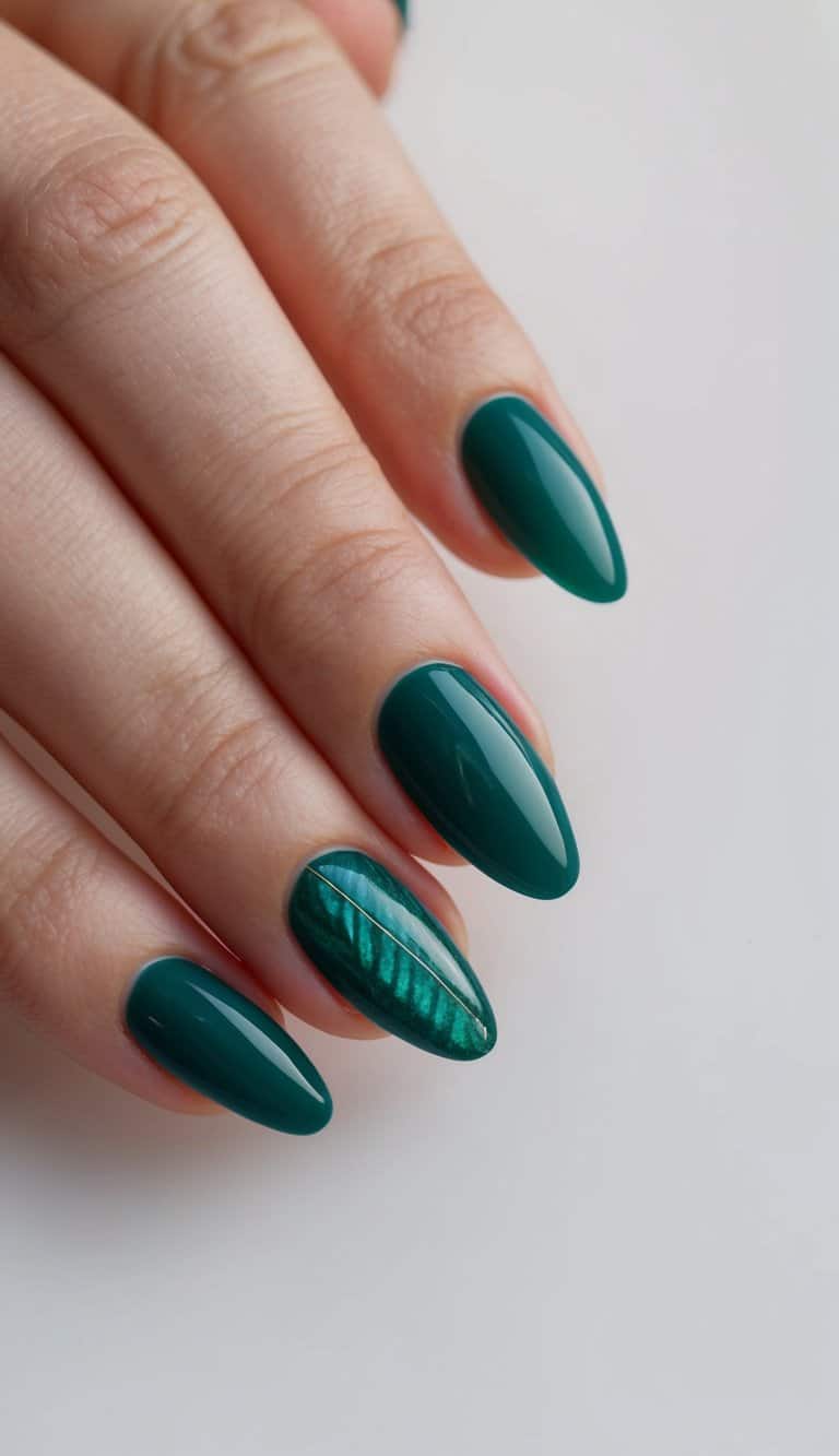 Dark forest-green nails with a glossy finish and a metallic leaf accent nail, enhanced by a fine gold detail.