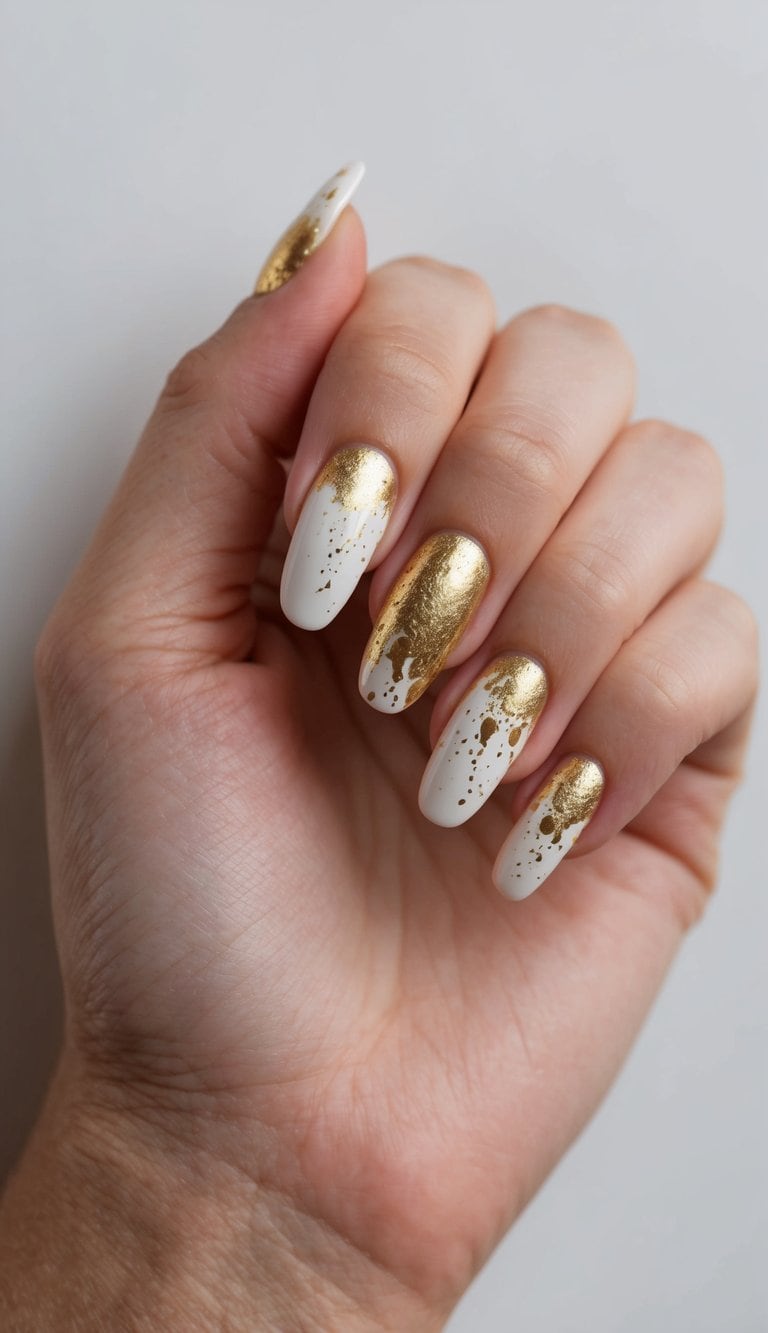 A gold splatter adorns a set of elegant nails, adding a luxurious touch to the overall look