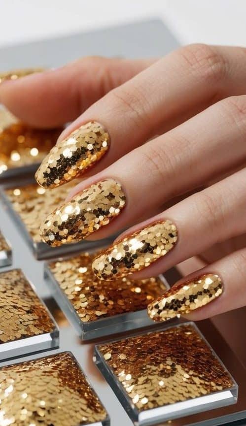 A sparkling gold sequin nail art palette arranged on a sleek, reflective surface