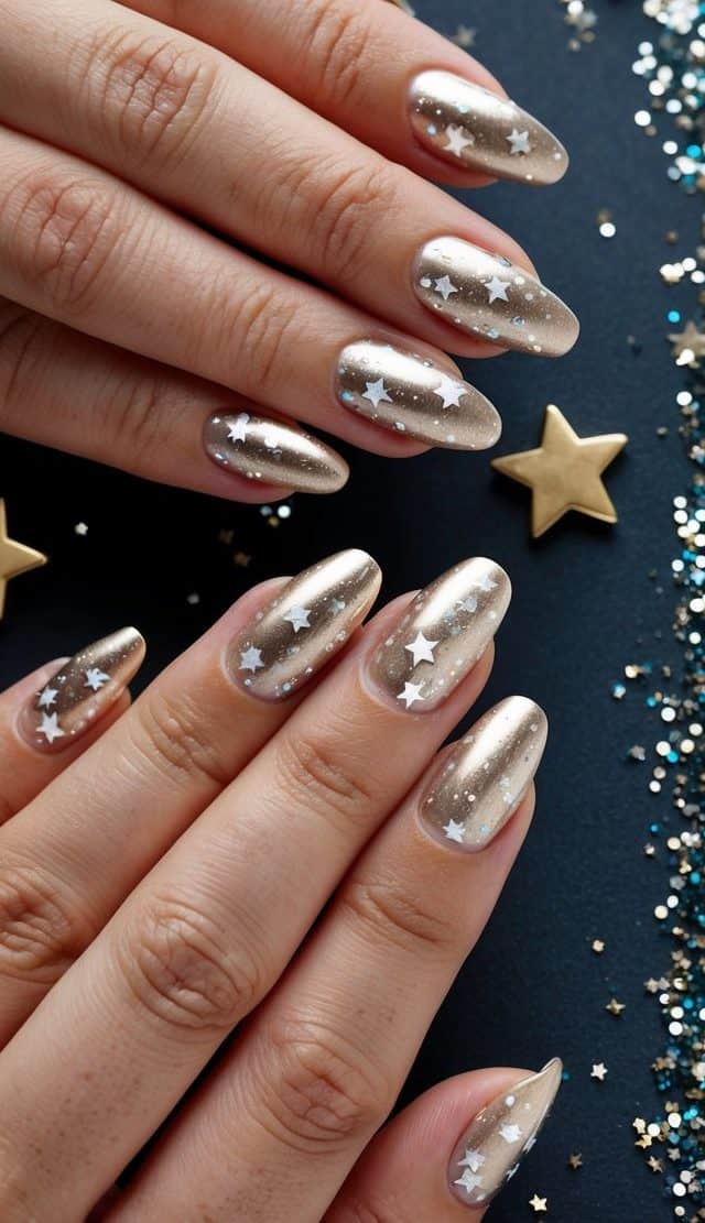 Metallic stars scattered on a dark background, surrounded by glitter and shimmering accents