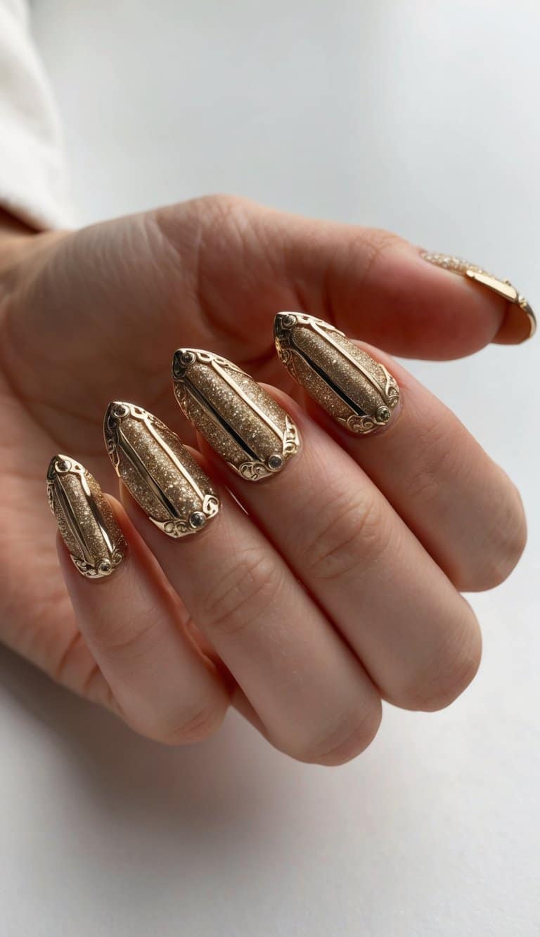 A sparkling gold nail art design with intricate metal borders