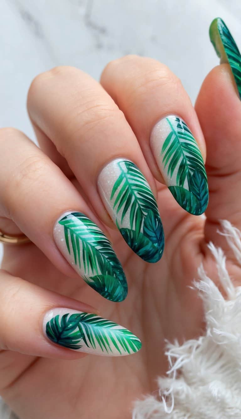 A vibrant tropical palm design adorns a set of glamorous homecoming nails