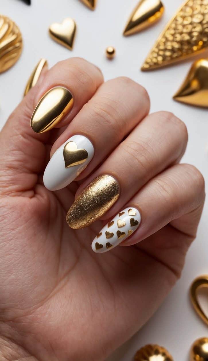A close-up of gold heart accents on nails, surrounded by various gold nail art designs, creating a luxurious and stylish scene for an illustrator to recreate