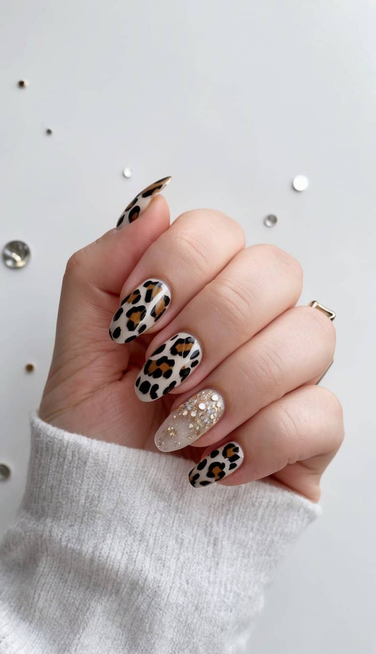 Leopard print nails on a white background with glitter accents