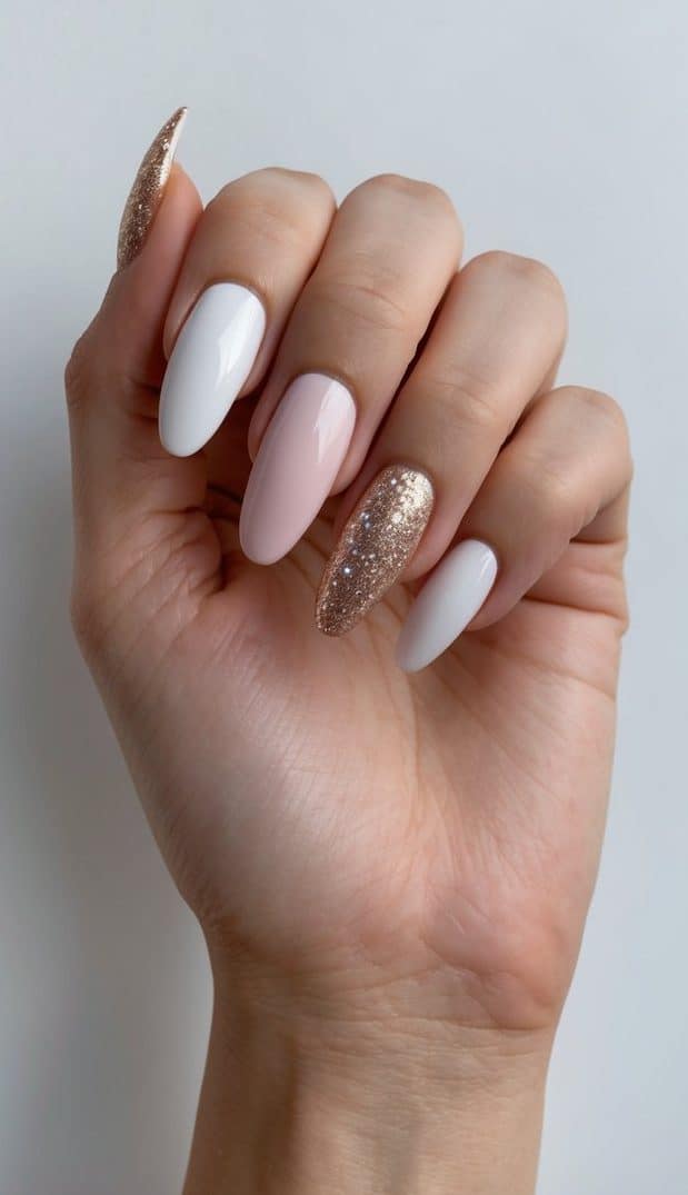 A glamorous set of nails featuring classic French manicure with a modern twist