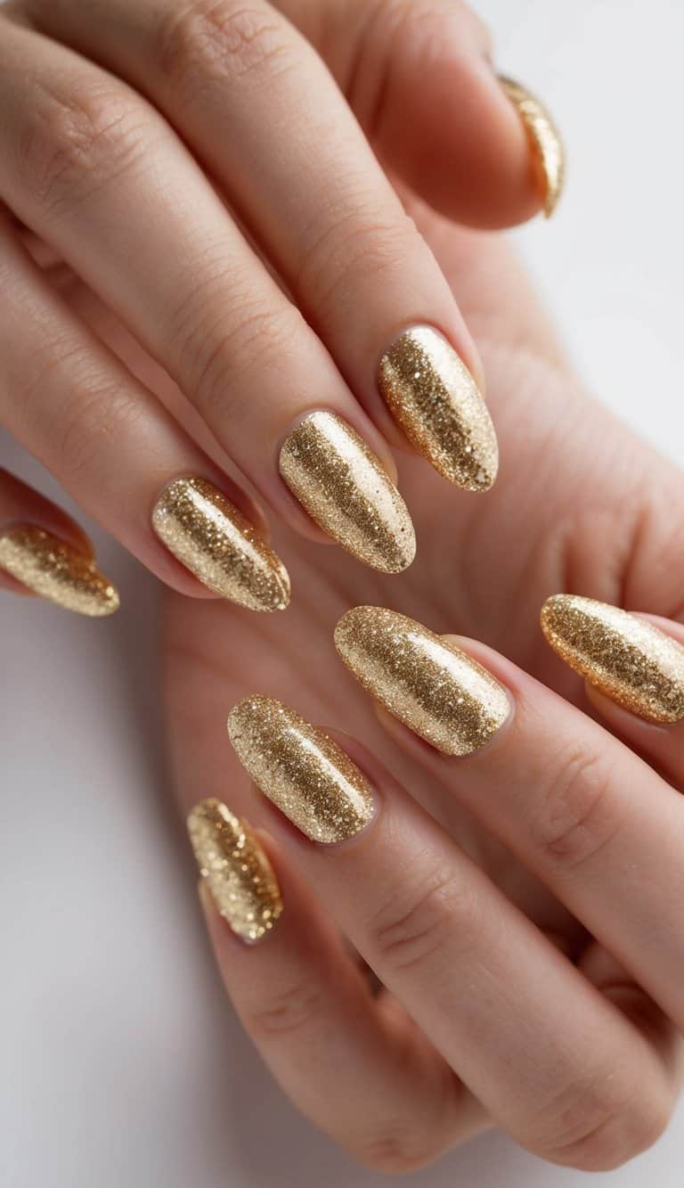 A sparkling gold glitter nail polish being applied to a set of elegant nails