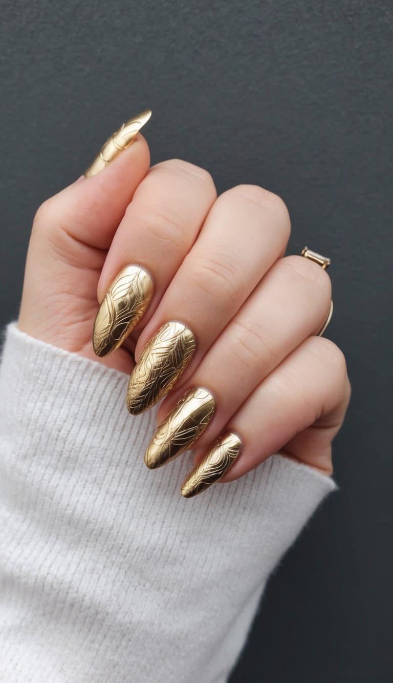 A close-up of a hand with gold nail art, against a charcoal background, showcasing intricate metallic designs