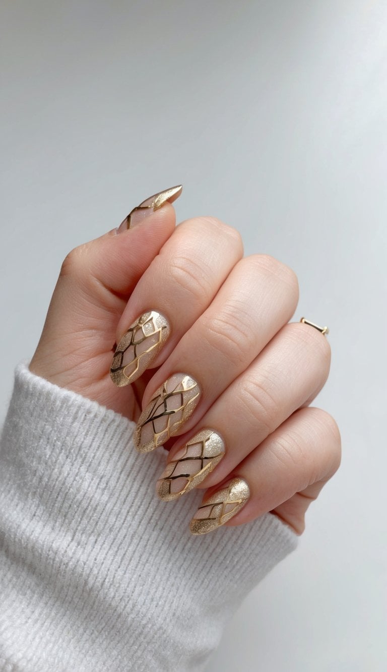 A close-up of gold nail art with delicate webbing and metallic accents