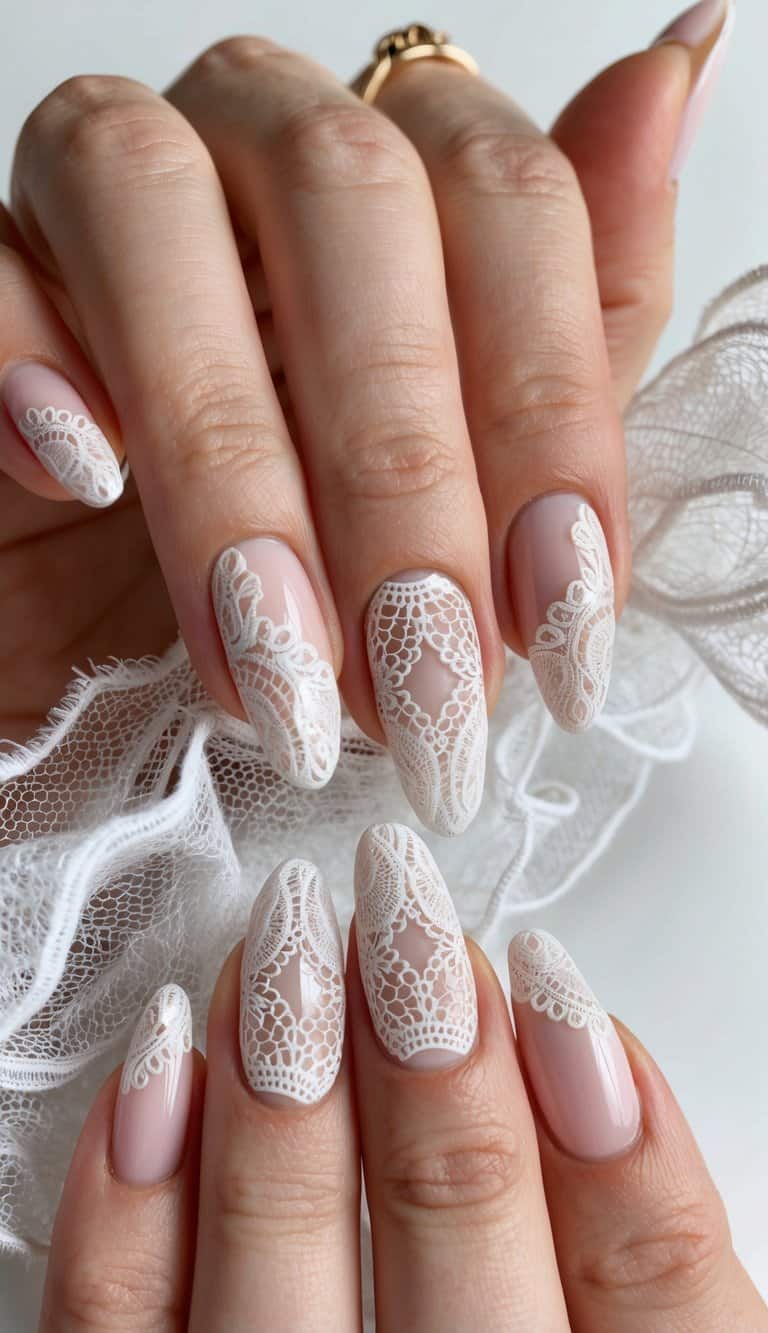 A delicate lace pattern adorns a set of elegant nails, creating a romantic and sophisticated look for a homecoming event