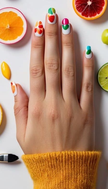 A colorful assortment of fruit designs arranged on a white background, with various nail art tools and brushes scattered around