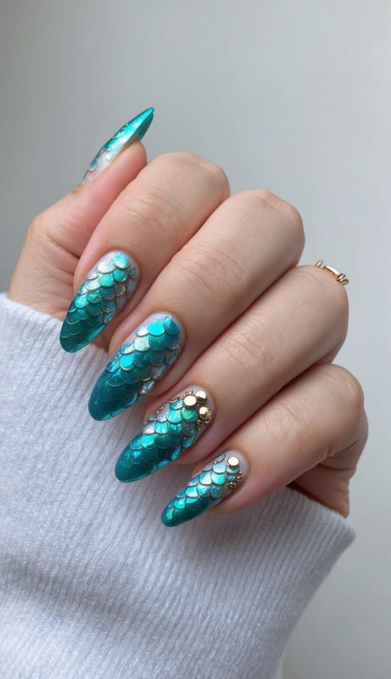 A mermaid-themed nail art design with shimmering scales and intricate details