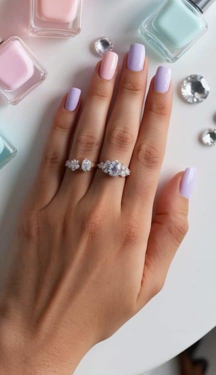 A pastel rainbow palette of nail polish bottles arranged on a white table, surrounded by delicate flowers and sparkly gems