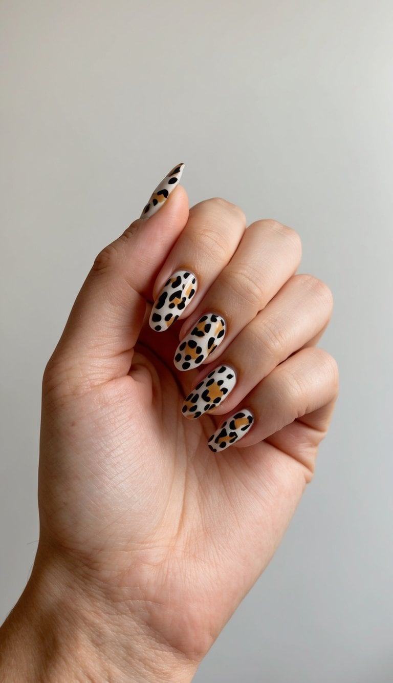 A close-up of cheetah print nail art on a hand against a neutral background