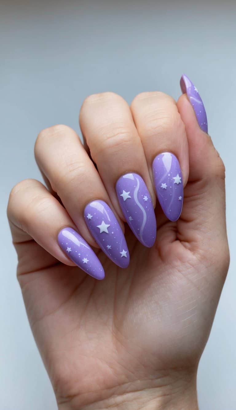A serene galaxy of lavender swirls and stars on a nail canvas