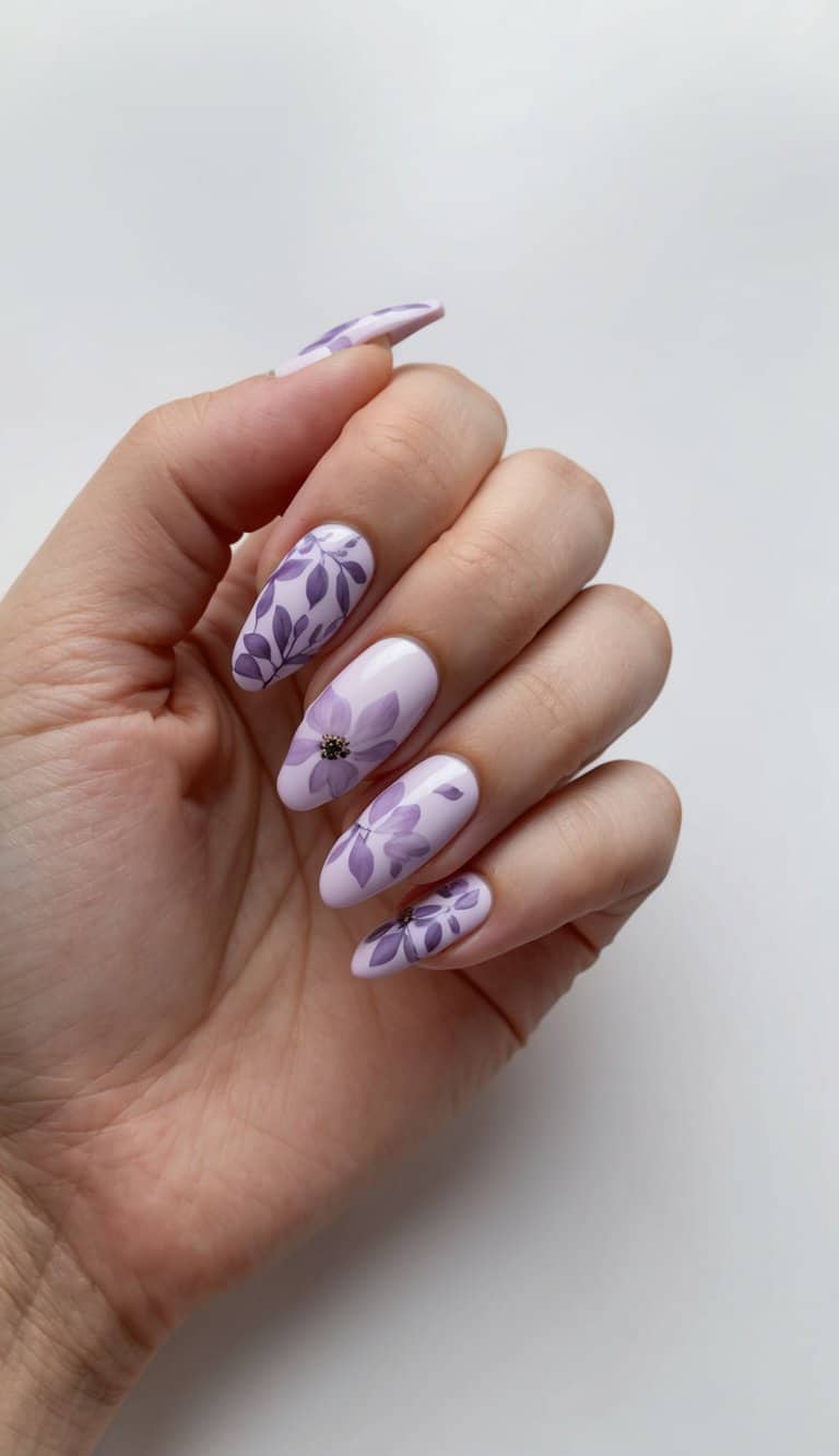 A close-up of lavender floral patterns on nails, with soft and elegant designs for nail art inspiration