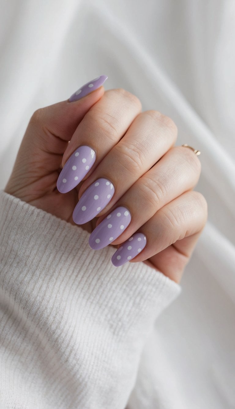 A delicate lavender polka dot nail design with a soft, elegant background