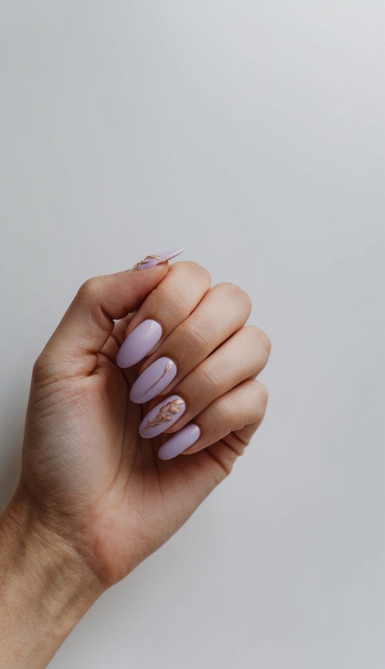 A delicate lavender nail art design with rose gold accents on a clean, minimalist background