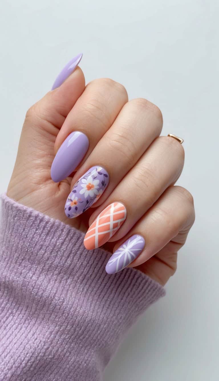 A delicate lavender and coral nail art design with floral and geometric patterns on a pale purple background