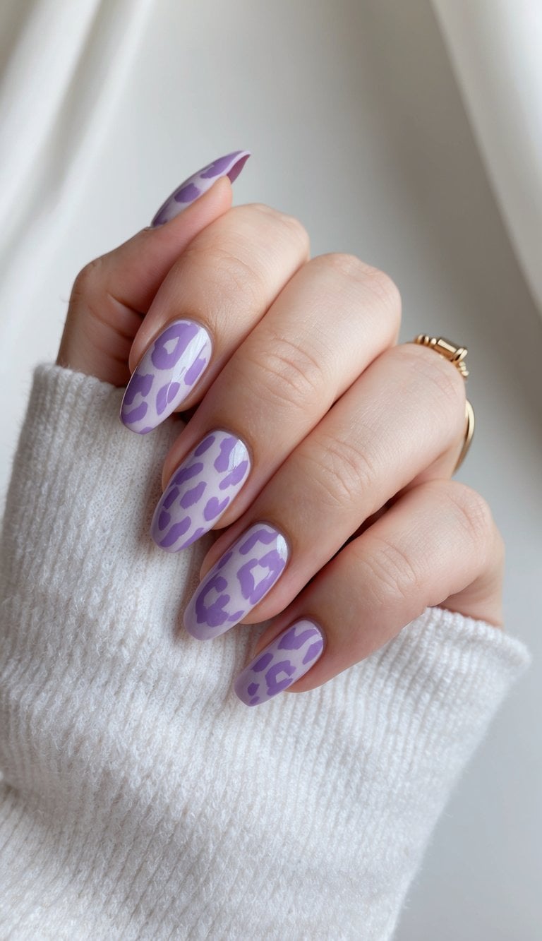 A close-up of lavender cheetah print nail art on a soft, elegant background
