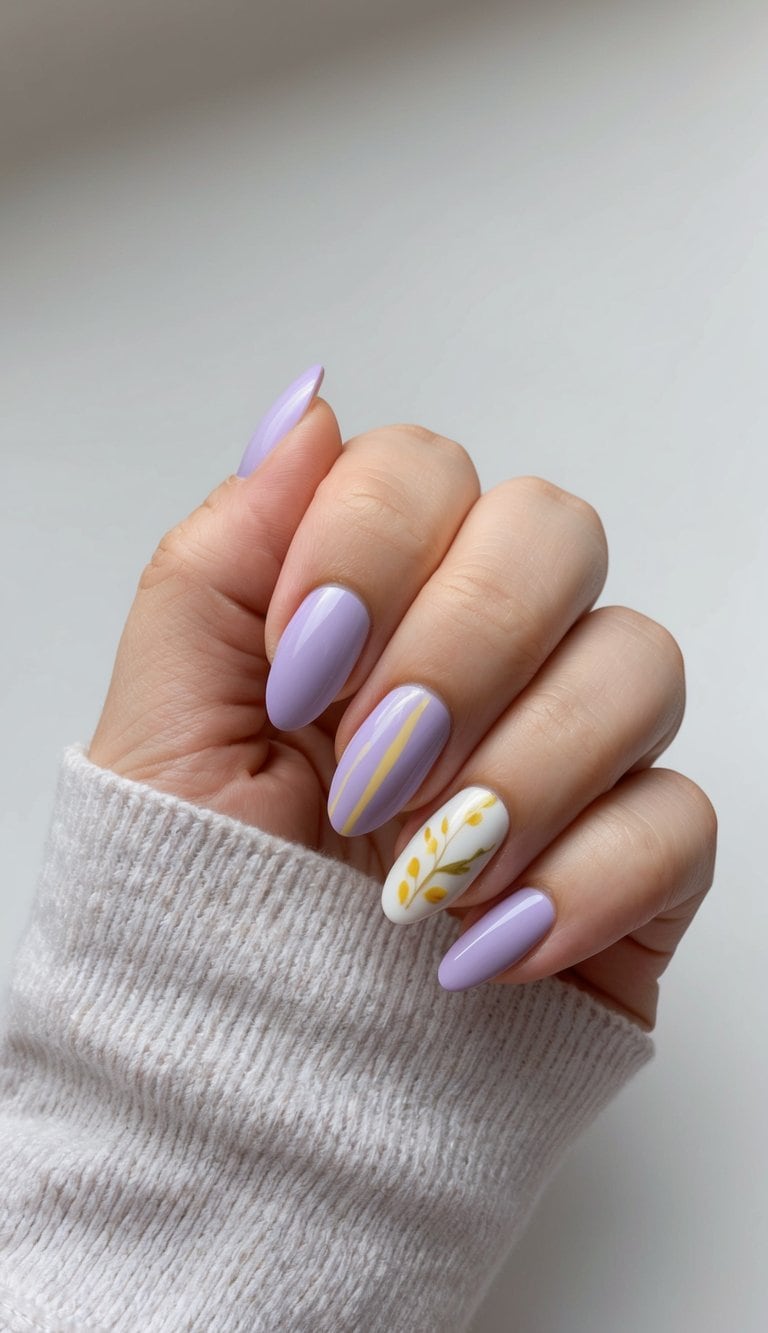 A delicate lavender nail art design with yellow undertones