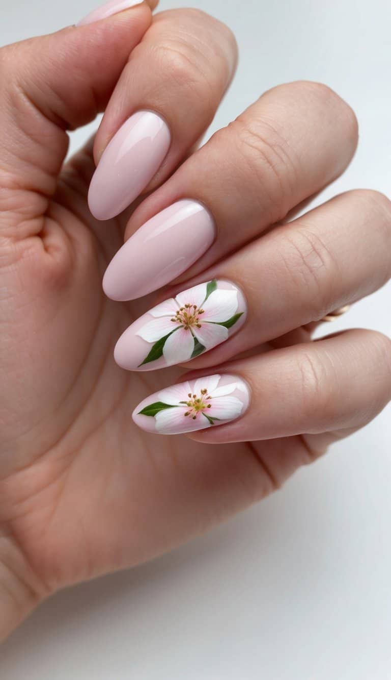 A delicate pink blossom delicately painted on a formal nail