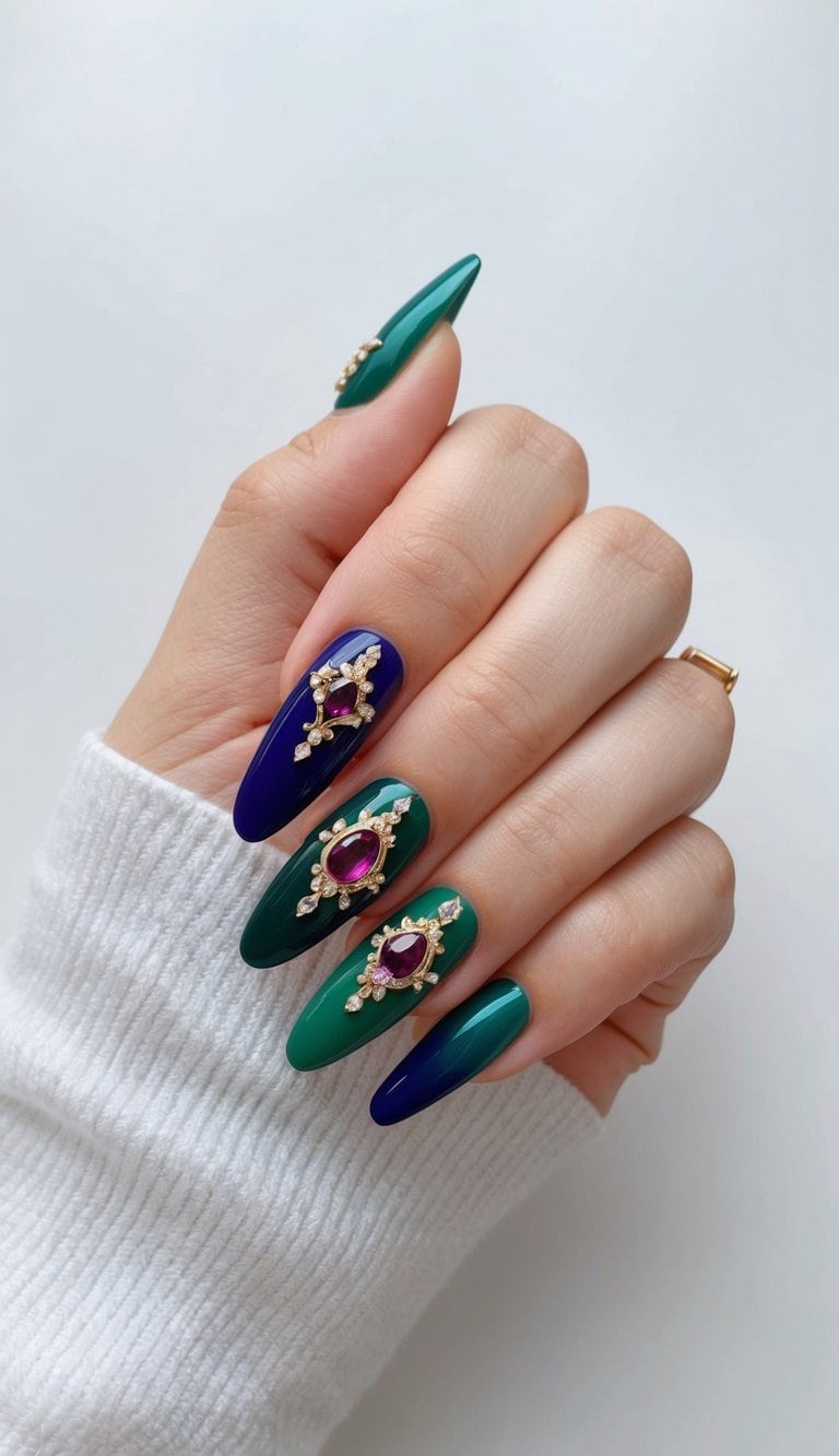 A display of elegant and polished formal nail art featuring vibrant jewel tones