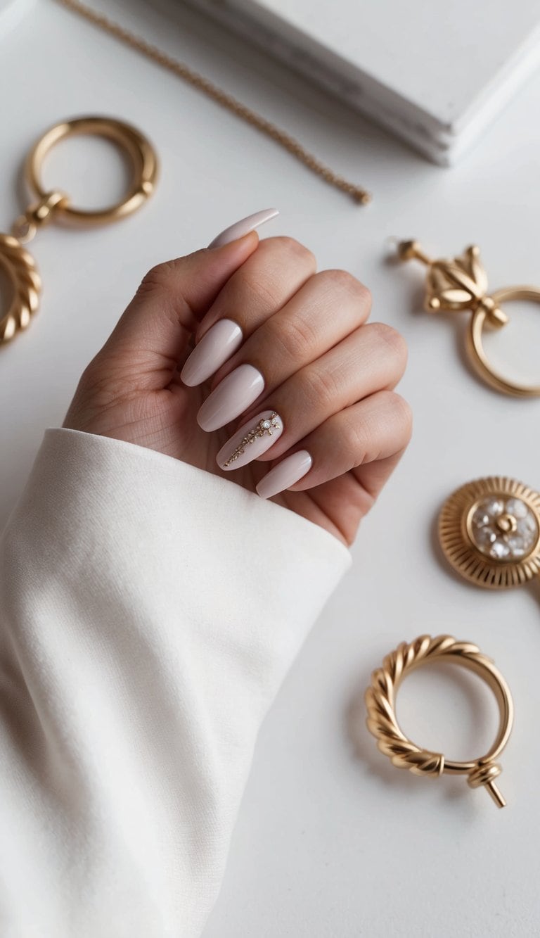 A hand holding a sleek, polished nail with formal nail art design, surrounded by elegant accessories and a sophisticated backdrop