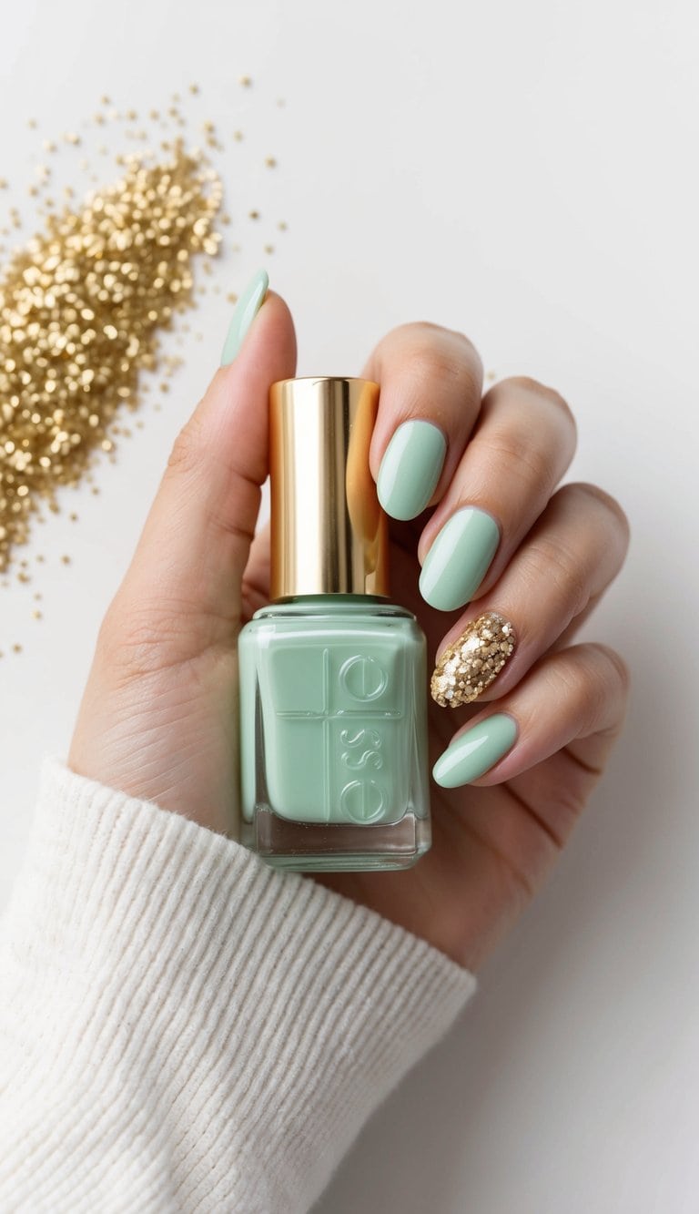 A mint green nail polish bottle surrounded by gold glitter accents on a white background