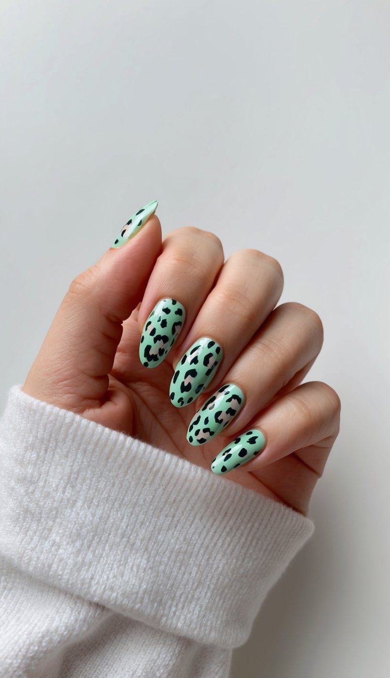A mint green leopard print nail art design on a clean, manicured surface with vibrant colors and intricate details