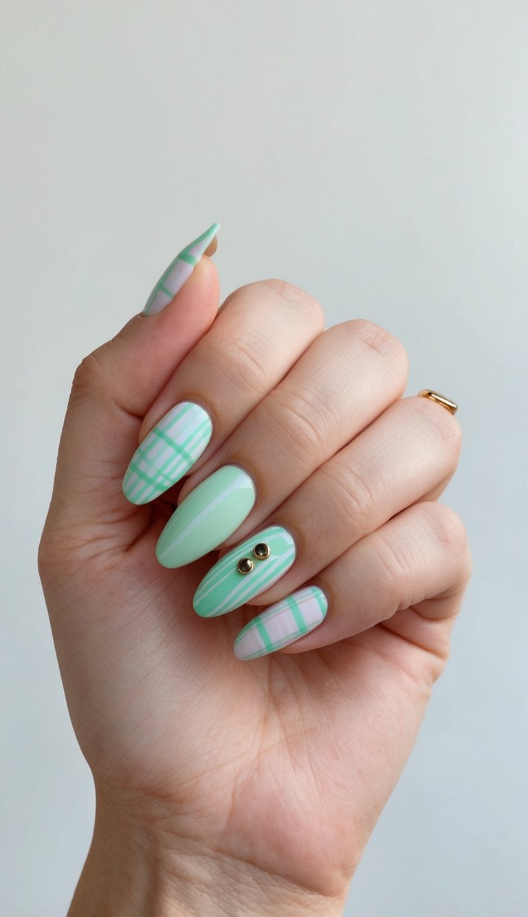 A close-up of pastel mint plaid nails with various mint green nail art designs on a clean, minimalist background
