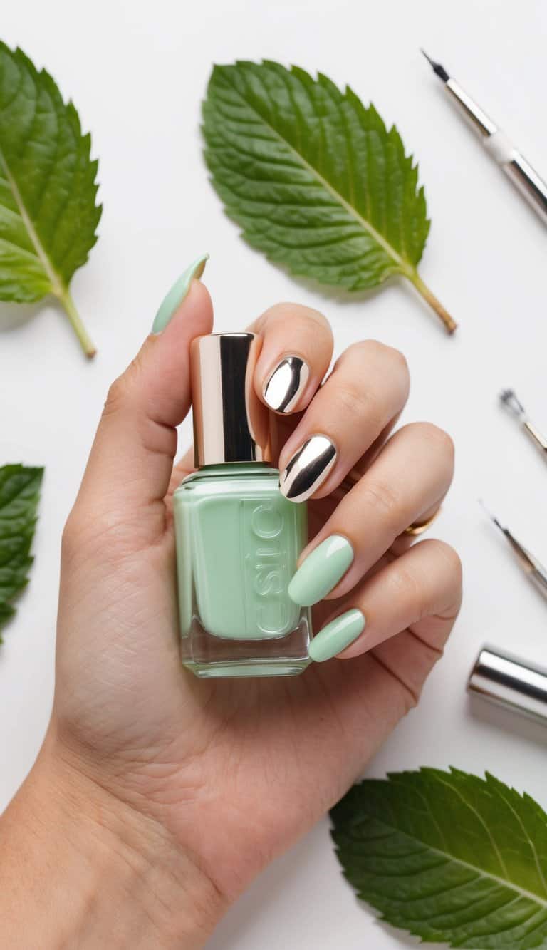 A hand holding a mint green nail polish bottle with metallic tips, surrounded by mint leaves and other nail art tools
