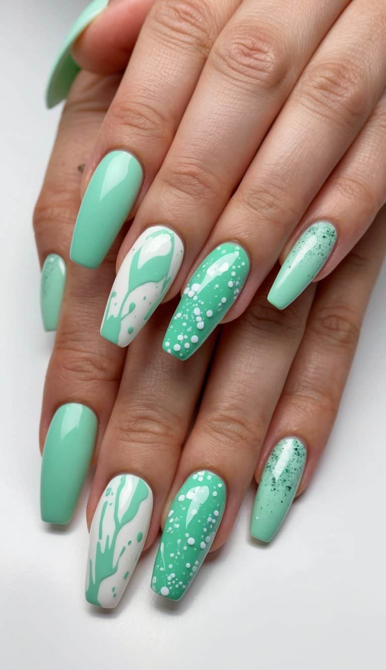 A mint green splatter effect covering a variety of nail art designs