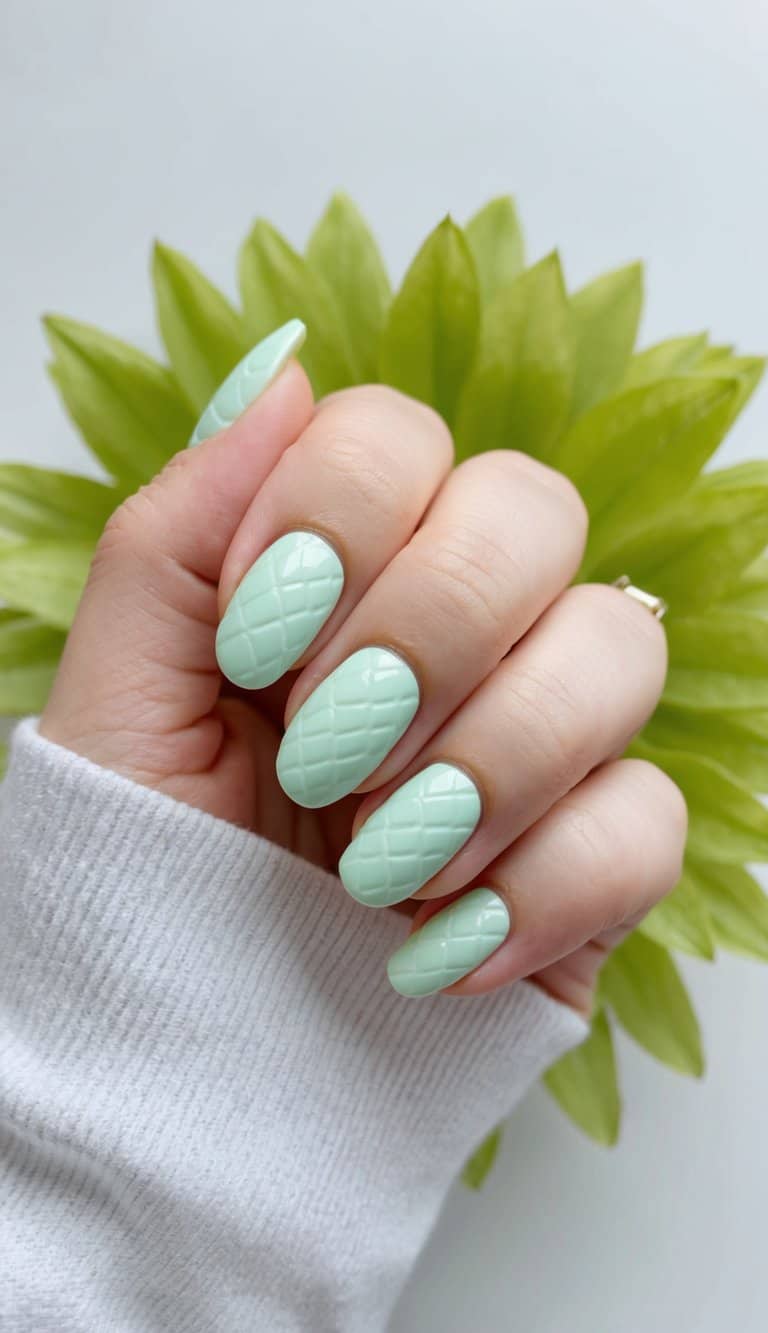 A close-up of mint green nails with a crosshatch texture, against a fresh and vibrant background