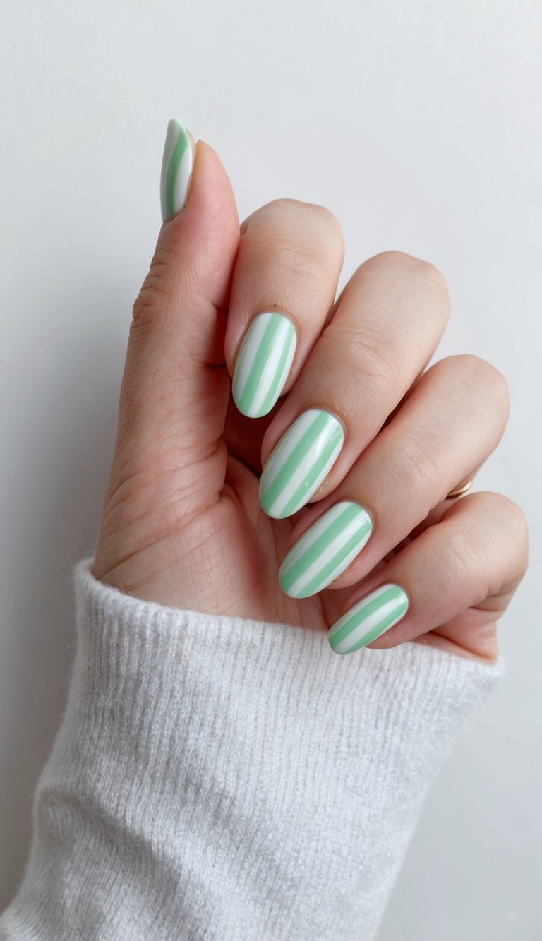 A close-up of mint green candy cane stripes on nails