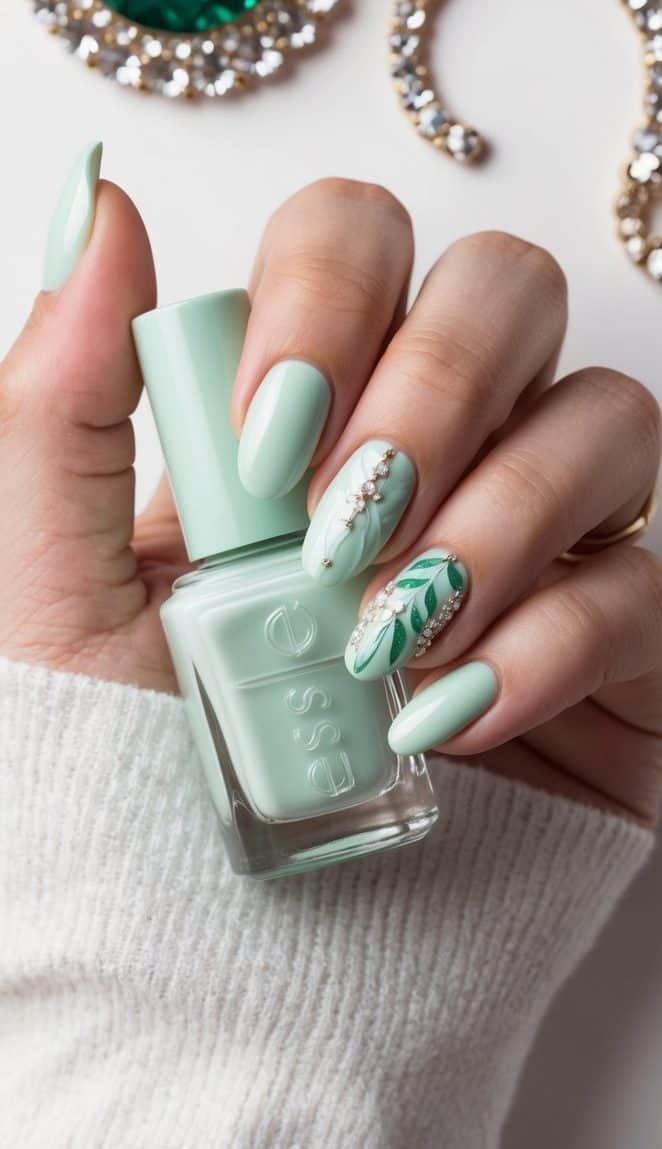 A hand holding a mint green nail polish bottle surrounded by sparkling jewels and mint green nail art designs