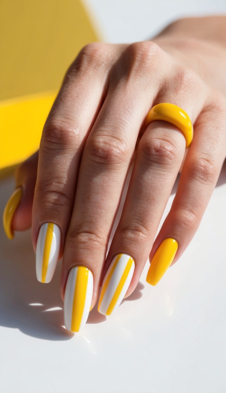 A close-up of yellow and white striped nail art on a bright, clean background