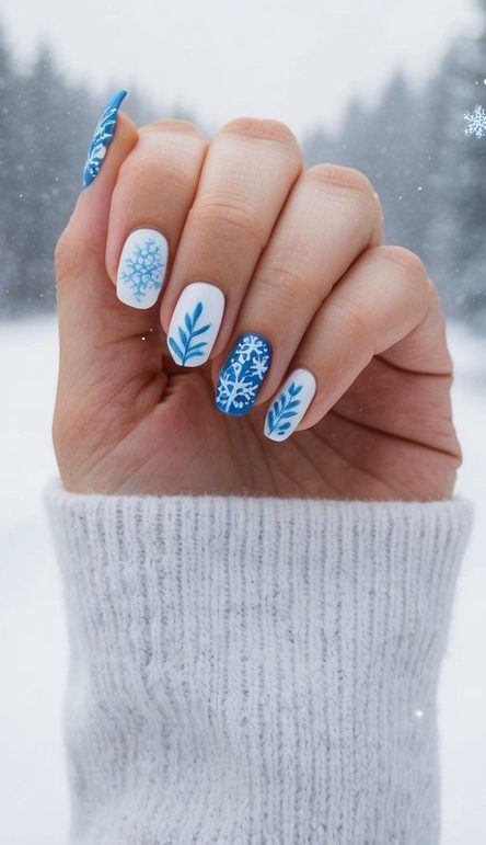 Snowflakes gently falling on a serene winter landscape, with blue and white nail art designs delicately scattered throughout
