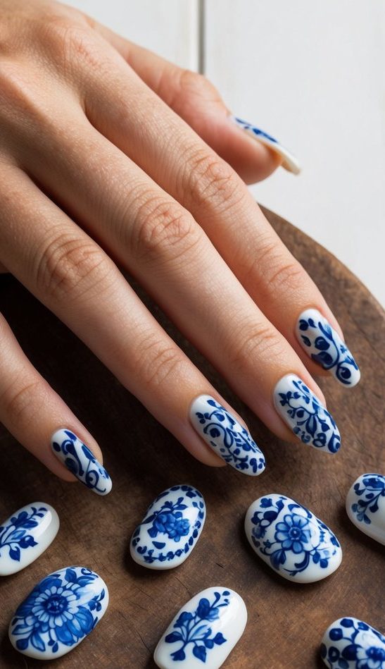 A collection of vintage porcelain nail art designs in blue and white, arranged on a rustic wooden table