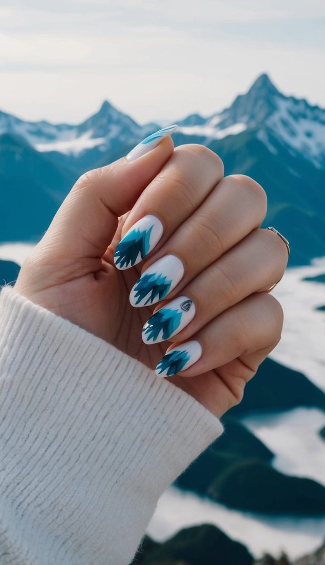 A serene mountain landscape with blue and white nail art designs scattered across the peaks and valleys