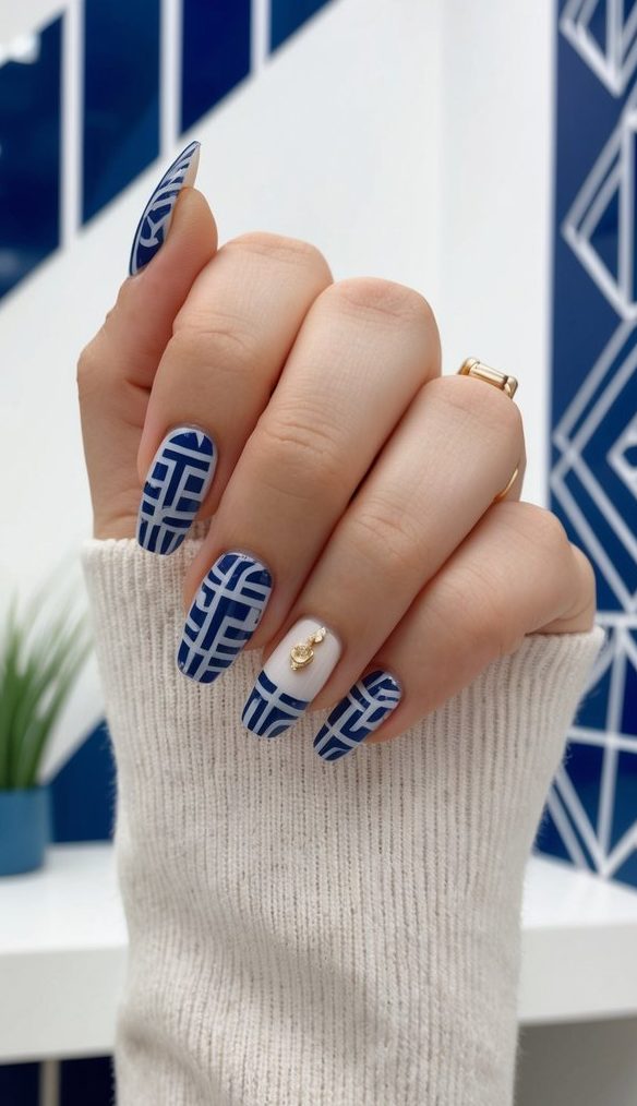 A sleek, modern nail salon with geometric Art Deco patterns in blue and white adorning the walls and decor