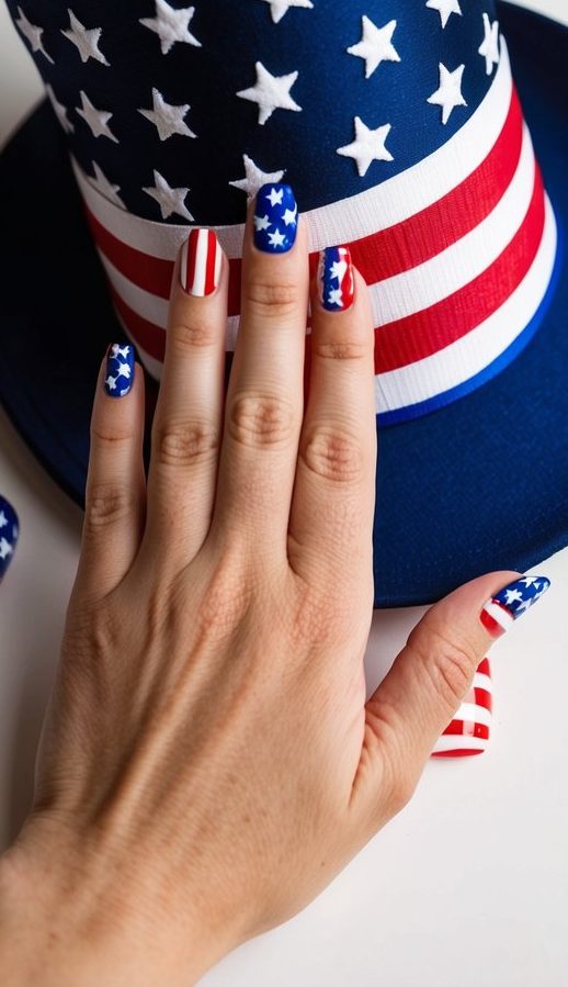 A top hat adorned with stars and stripes, surrounded by festive Fourth of July nail art designs