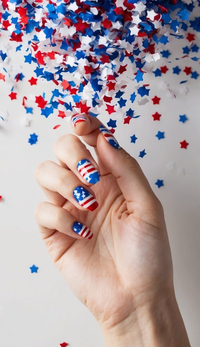 Red, white, and blue confetti exploding over a festive Fourth of July nail art design