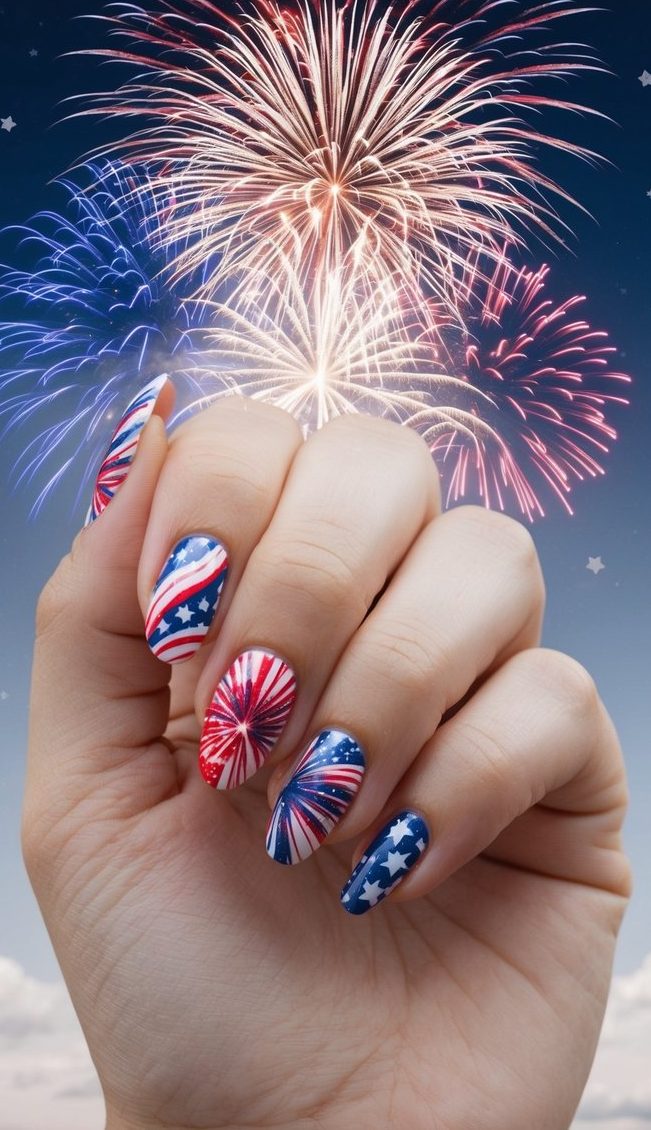 A night sky filled with elegant fireworks bursting in red, white, and blue, against a backdrop of stars and stripes