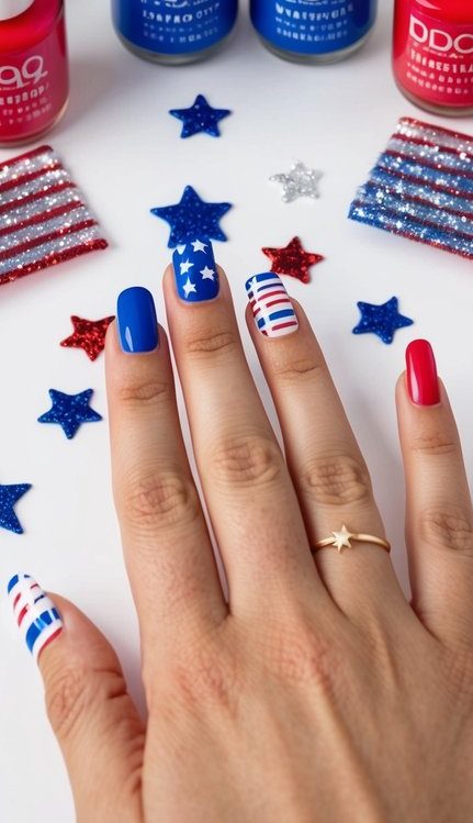 Red, white, and blue nail polish bottles arranged on a table with small American flag decorations and sparkly star stickers