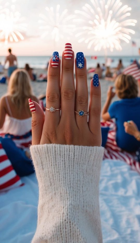 A beachside picnic with red, white, and blue decorations, fireworks lighting up the sky, and people celebrating with patriotic nail art
